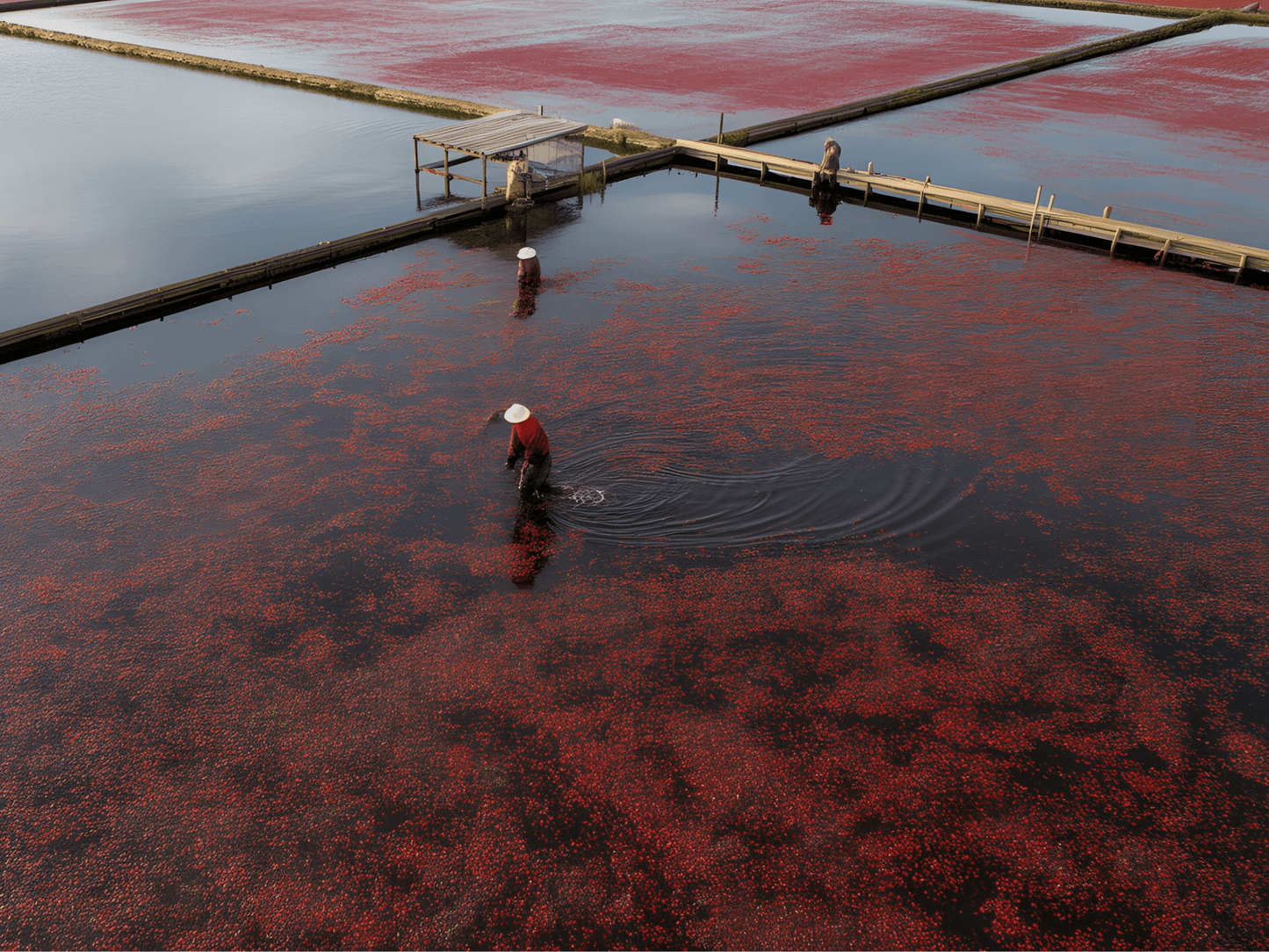 Flooded cranberry bog during the autumn harvest