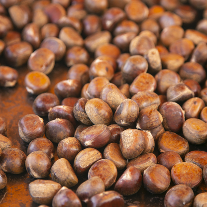 Close-up of a pile of japanese chestnut seeds on a wooden surface